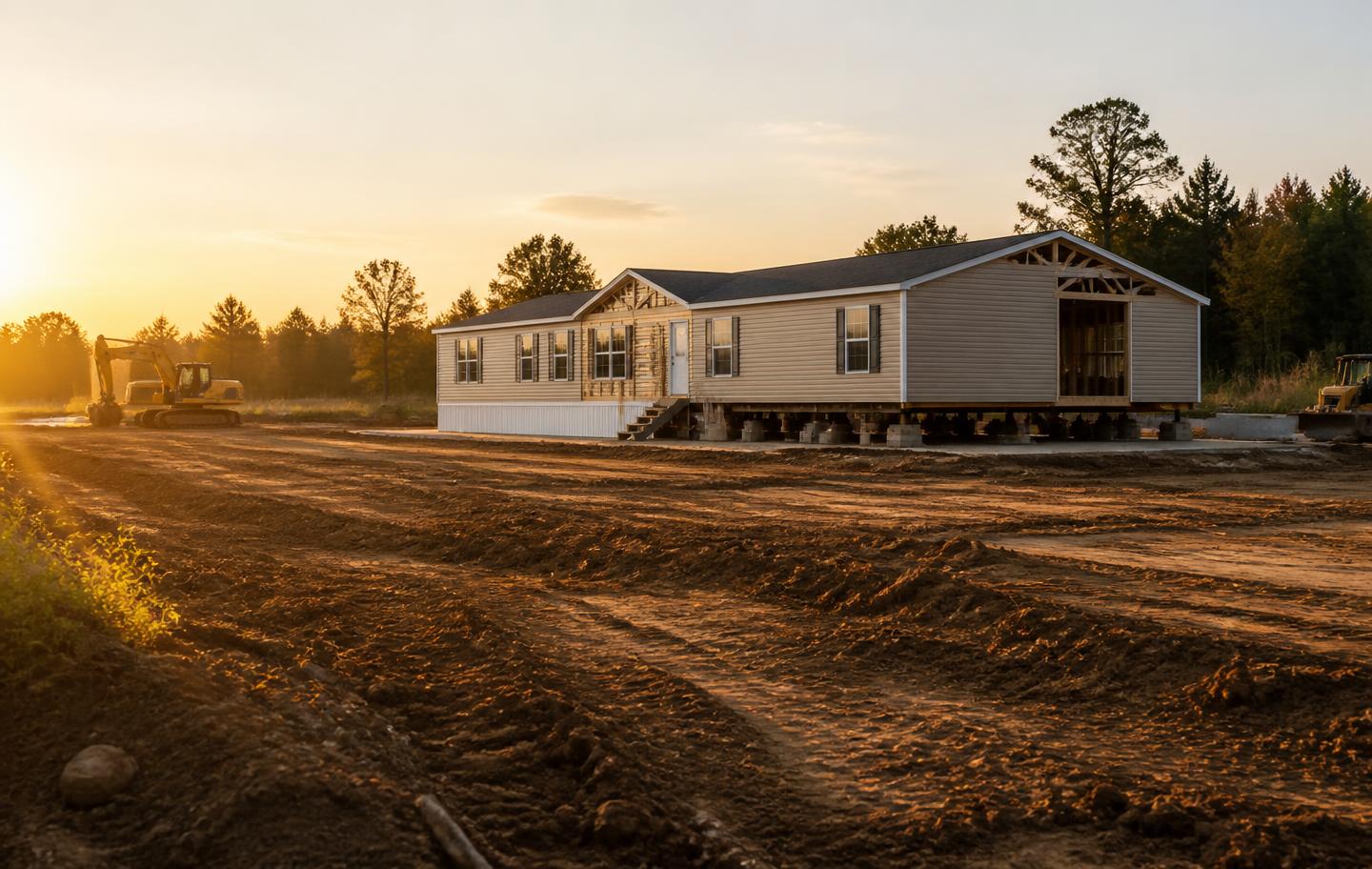 New double-wide home being placed on cleared land
